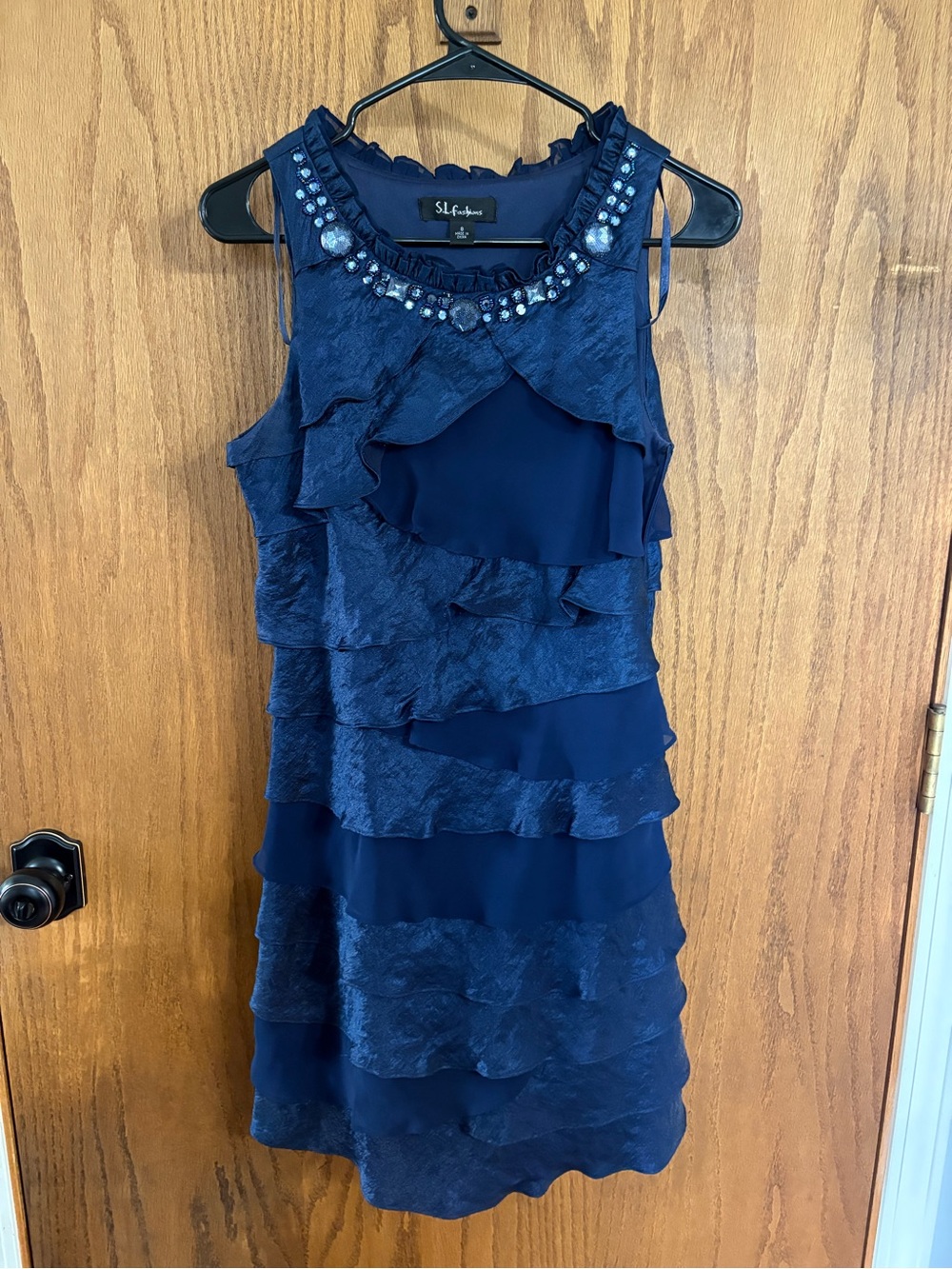 S.L. Fashions Navy Beaded Ruffle Mini Dress